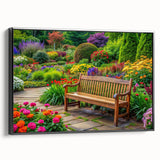 Framed wall art featuring a serene landscape garden design with vibrant colors, displayed from a black side view, ideal for home decor. Perfect for enhancing interior aesthetics.