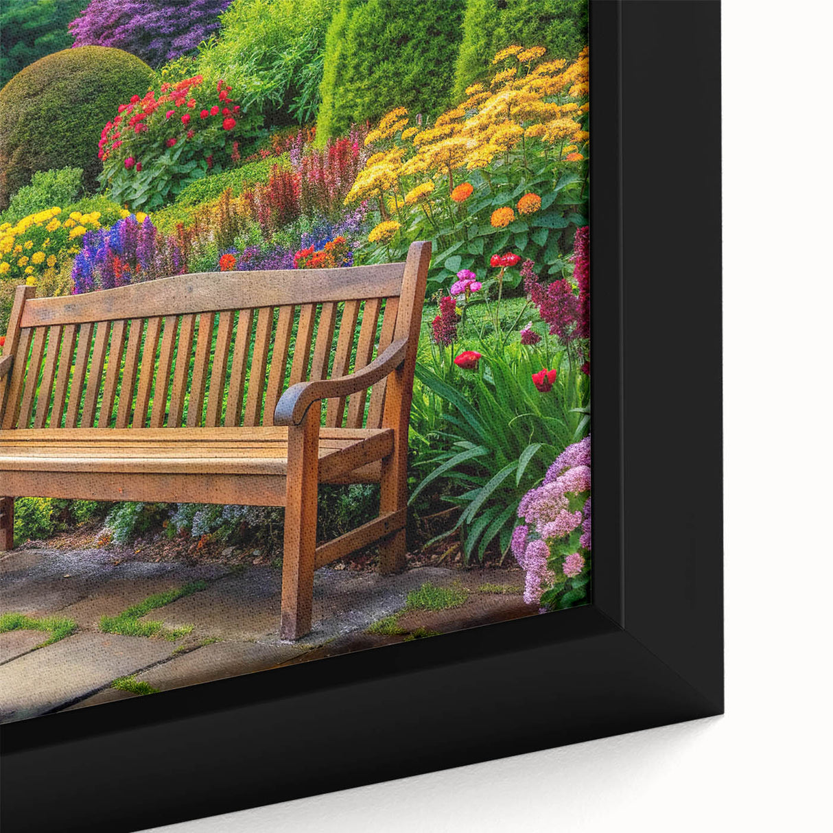 Framed wall art collection showcasing a vibrant landscape garden design, featuring rich greens and blooming flowers, ideal for home decor enhancement.
