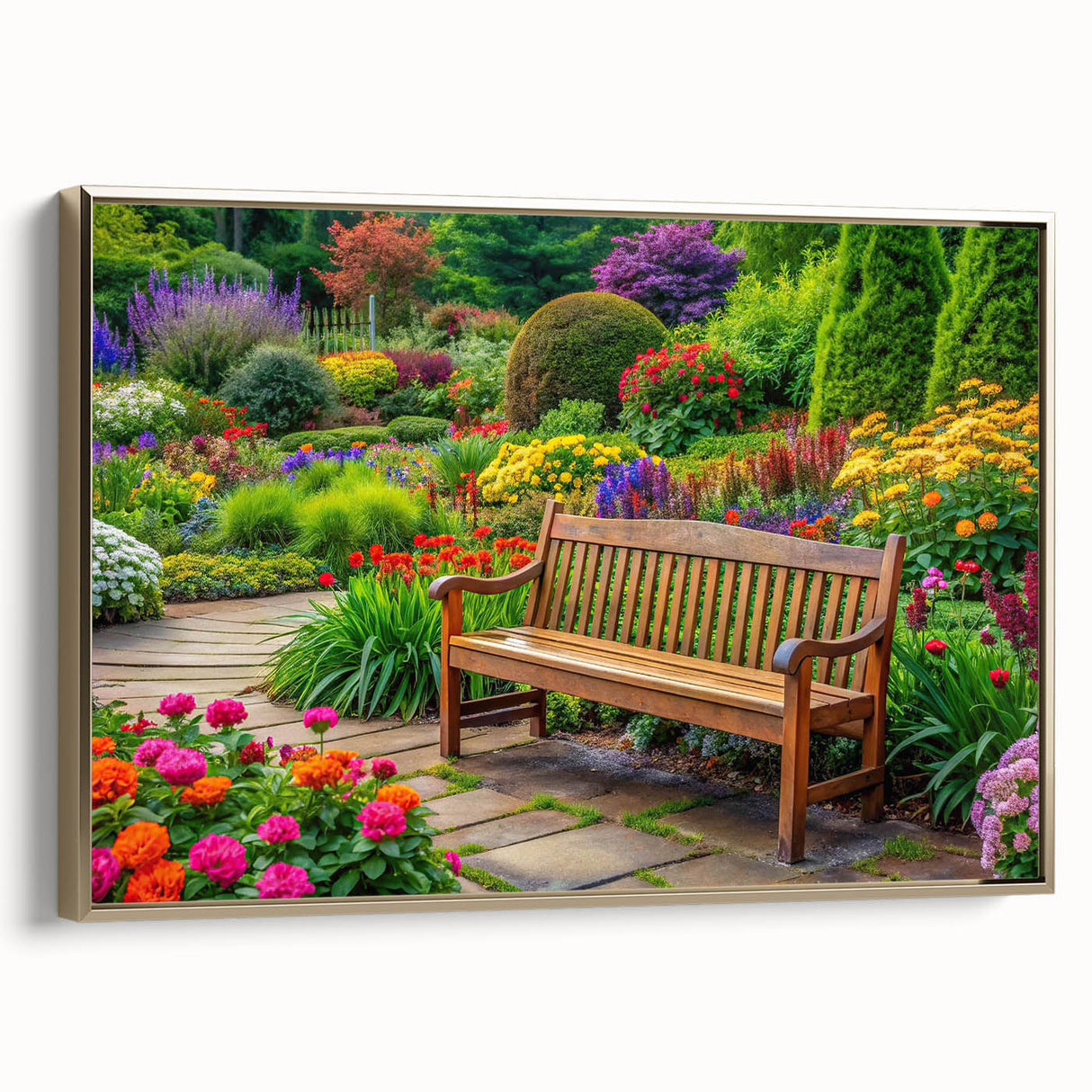 Framed canvas wall art showcasing a stunning landscape garden design with vibrant colors and gold accents, offering an elegant decorative touch for any interior space.