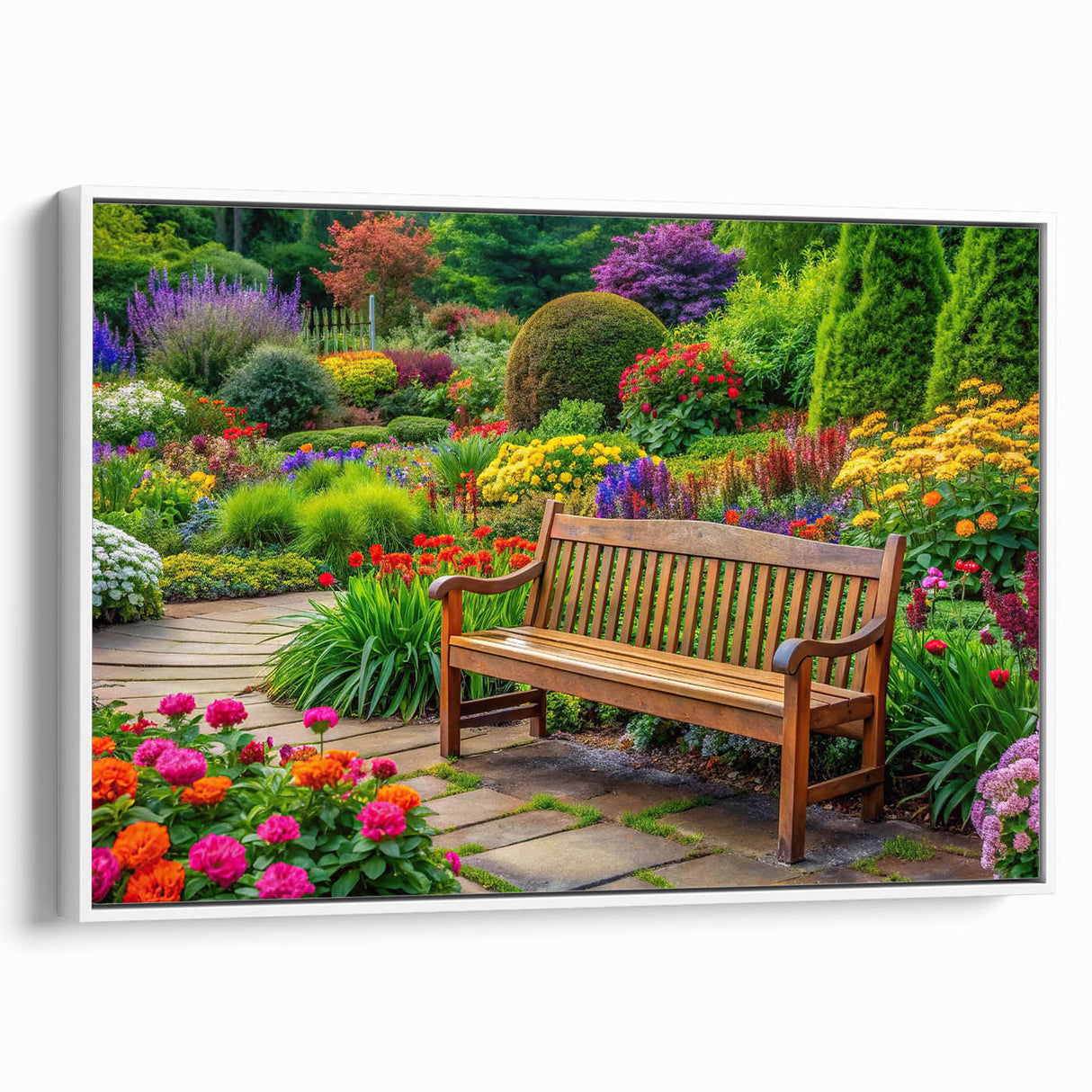 Framed canvas wall art showcasing a vibrant landscape garden design, presented in a sleek white frame with a side view, perfect for enhancing home decor.