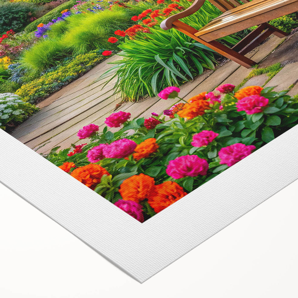 Vibrant rolled canvas showcasing a serene landscape garden design, featuring lush greenery and colorful flowers, ideal for home decor enhancement.
