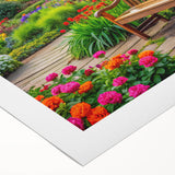 Vibrant rolled canvas showcasing a serene landscape garden design, featuring lush greenery and colorful flowers, ideal for home decor enhancement.