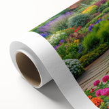 Rolled canvas art showcasing a vibrant landscape design with lush greenery and colorful flowers, elegantly packaged in a protective cardboard tube for safe delivery.