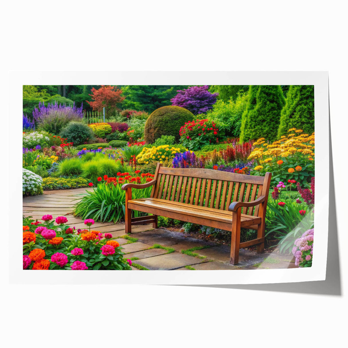 Vibrant landscape wall art print showcasing an abstract garden design with lush greenery and colorful flowers, ideal for home decor or office enhancement.