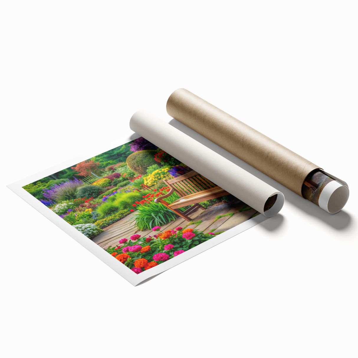 Colorful landscape wall art print showcasing vibrant gardens and natural elements, rolled for easy shipping in a protective cardboard tube, ideal for home decor.
