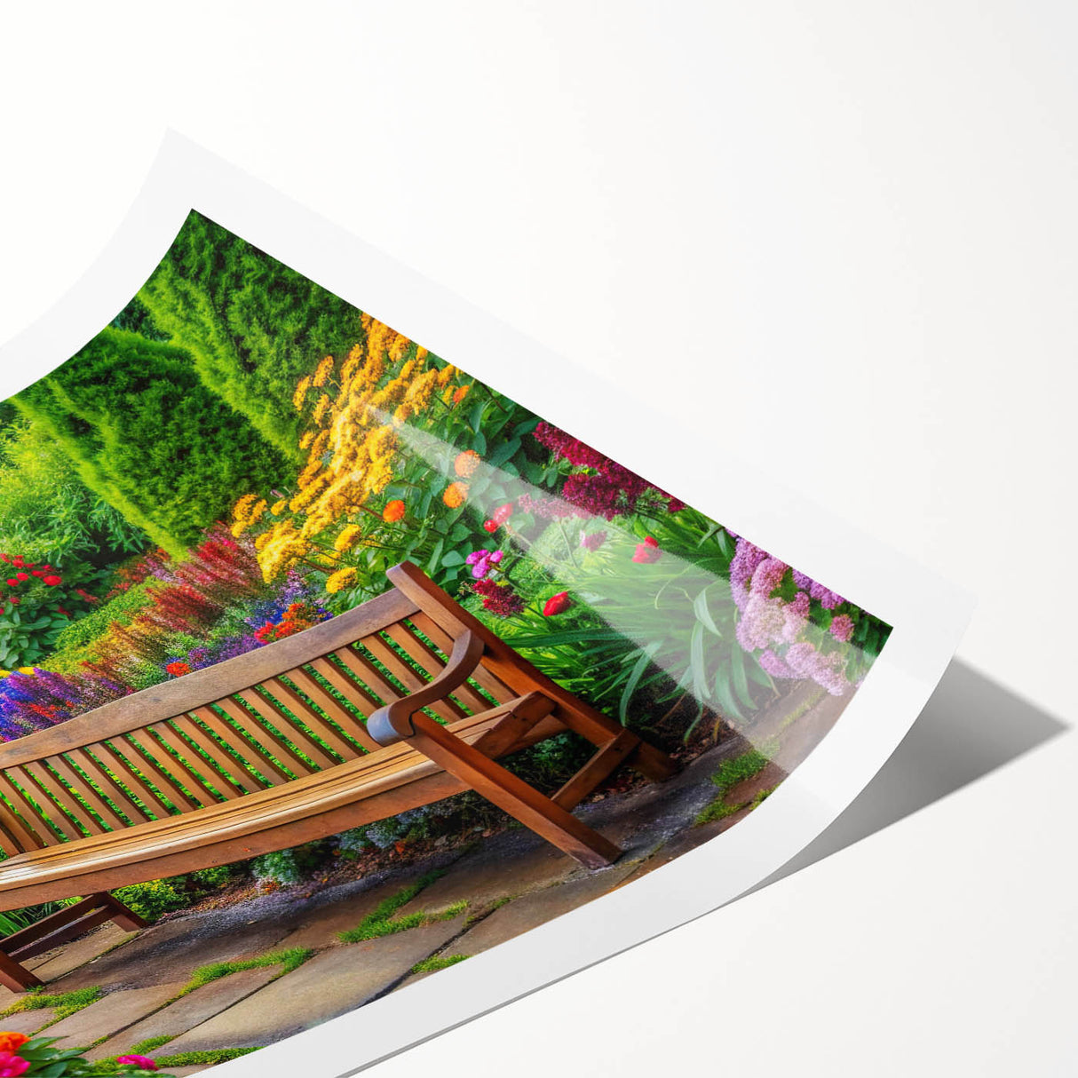 Vibrant rolled wall art print depicting a serene garden landscape with lush greenery and soft pastels, ideal for home decor and design enthusiasts.