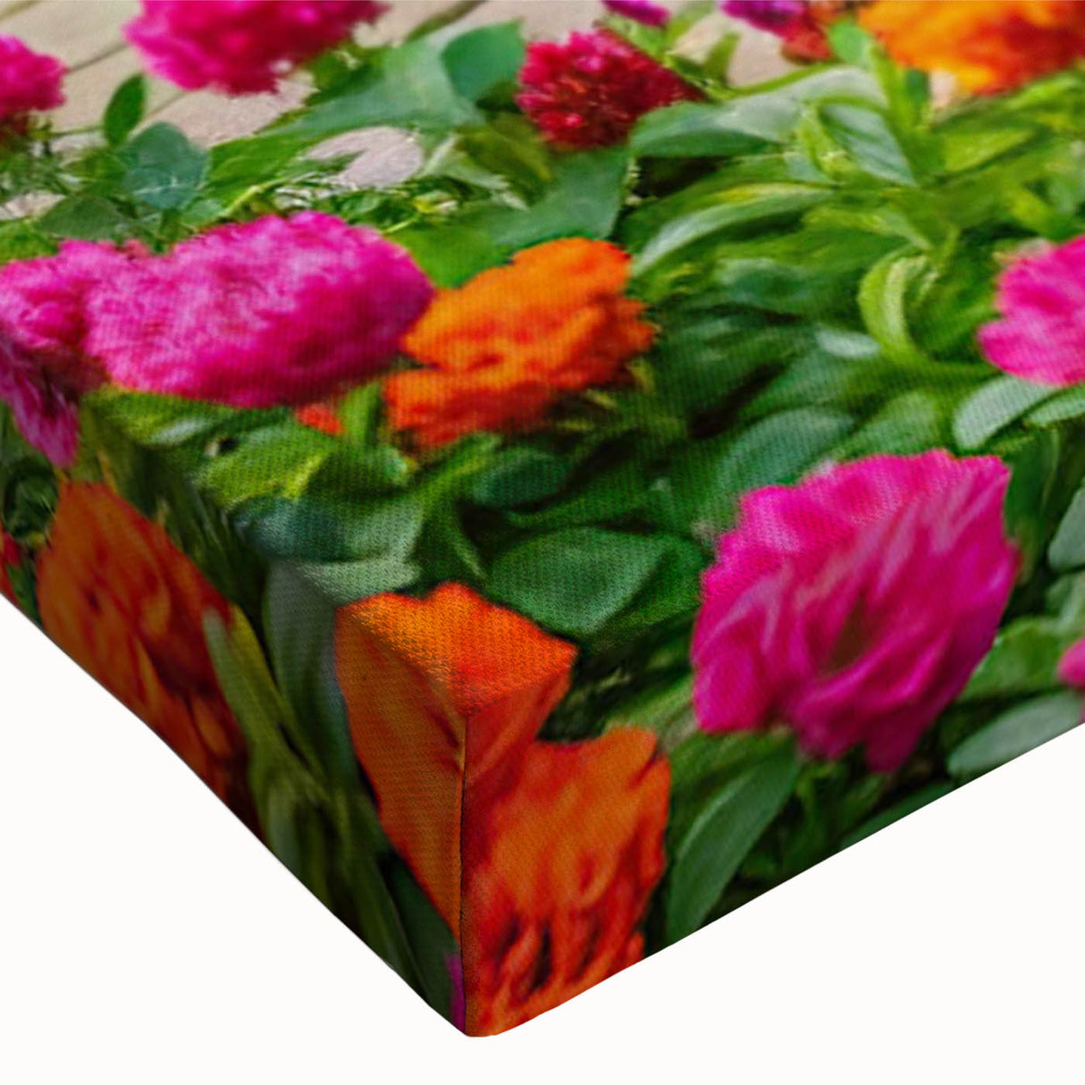 Close-up of a stretched canvas wall art piece showcasing a vibrant landscape garden design with rich colors and intricate detailing, ideal for home decor.