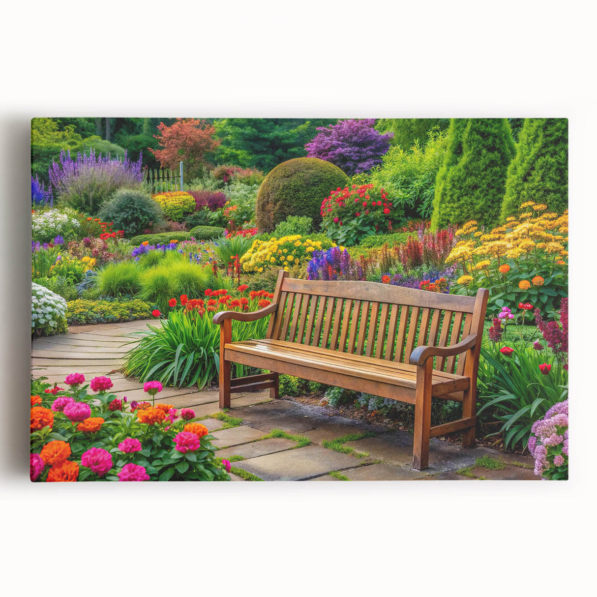 Stretched canvas wall art showcasing a vibrant landscape design with lush greenery and colorful blooms, ideal for enhancing home decor with nature's beauty.