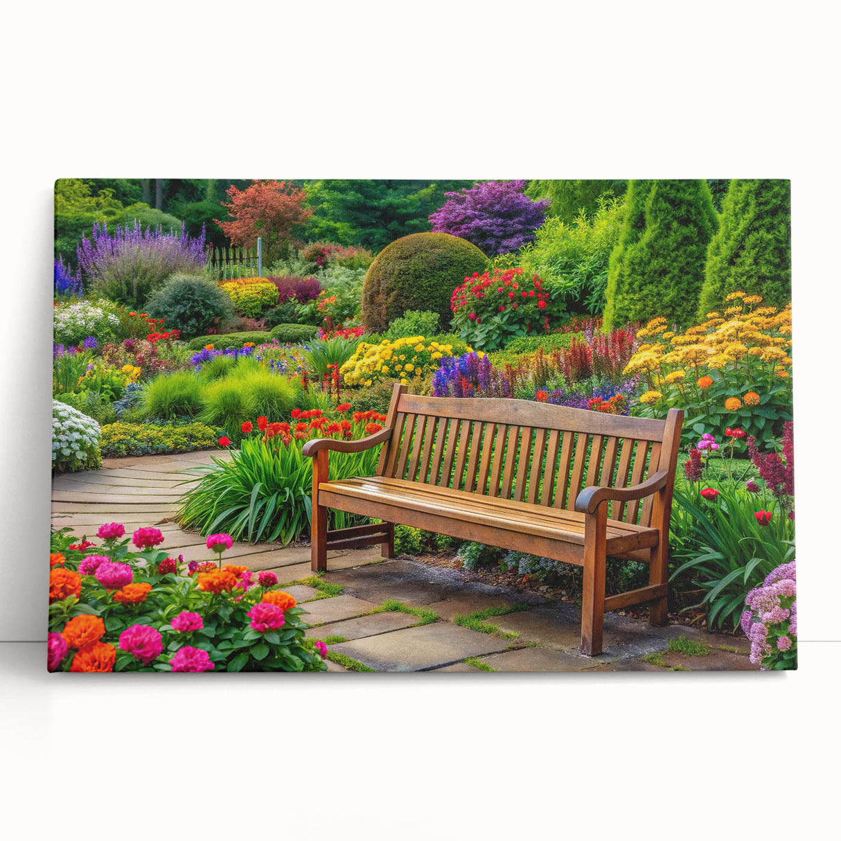 Stretched canvas wall art depicting a vibrant landscape garden design, showcasing lush greenery and colorful flowers, perfect for home decor enhancement.