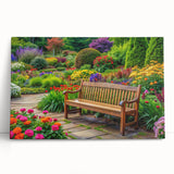 Stretched canvas wall art depicting a vibrant landscape garden design, showcasing lush greenery and colorful flowers, perfect for home decor enhancement.