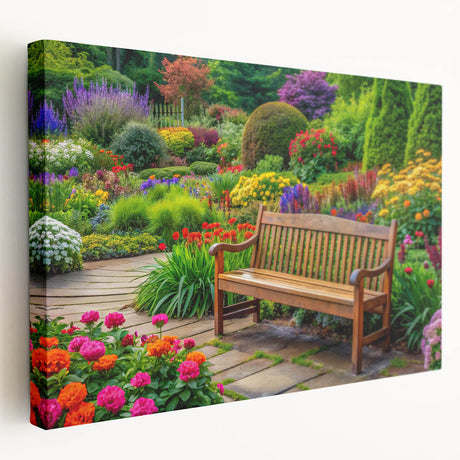 Stretched canvas wall art showcasing a vibrant landscape garden design, featuring rich greens and colorful floral elements, perfect for home decor enhancement.