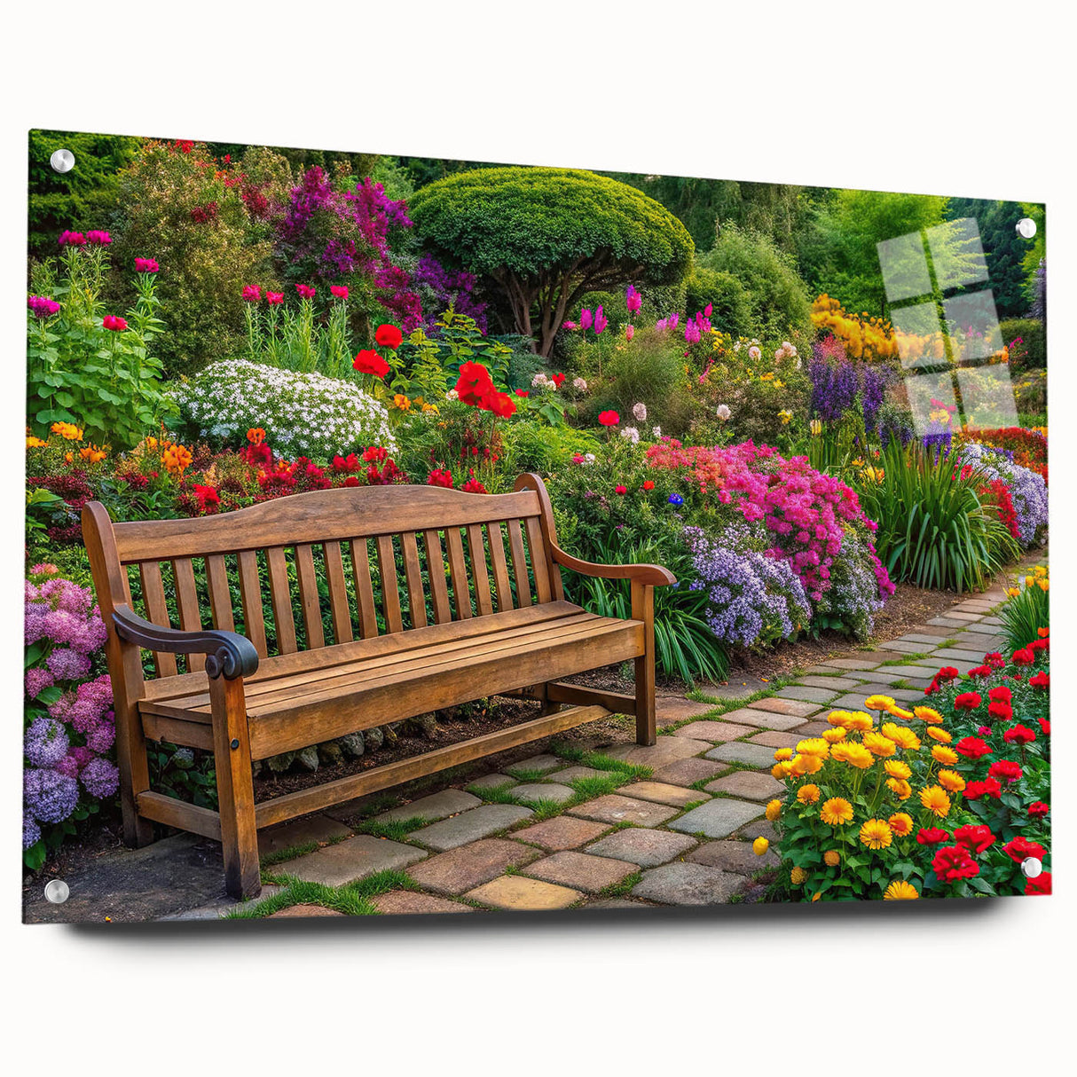 Acrylic glass wall art design showcasing a vibrant landscape garden scene, mounted with pins for easy display, perfect for enhancing indoor decor with a touch of nature.