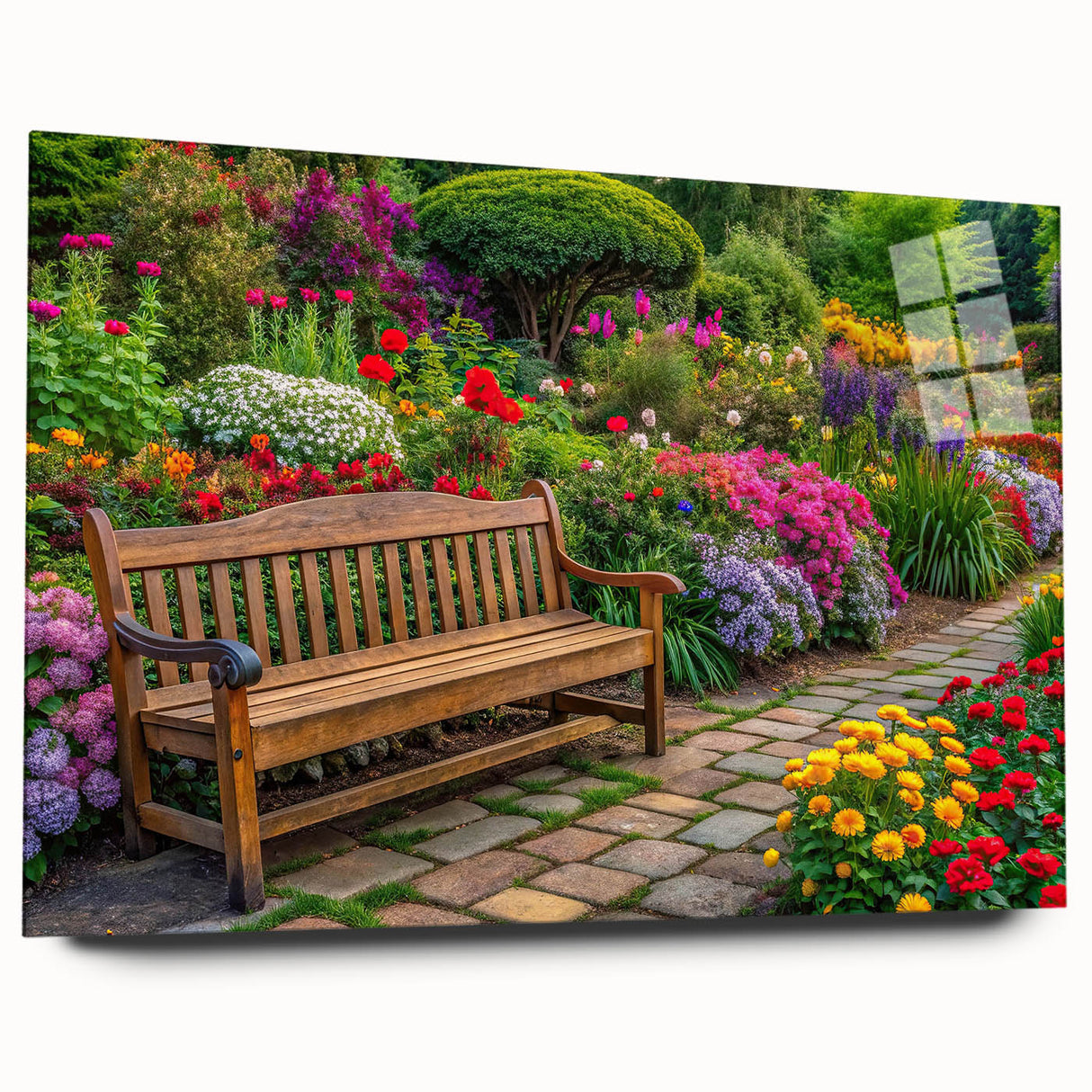 Acrylic glass wall art showcasing a vibrant landscape garden design, featuring rich colors and intricate details, presented in a side view without pins.