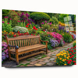 Acrylic glass wall art showcasing a vibrant landscape garden design, featuring rich colors and intricate details, presented in a side view without pins.