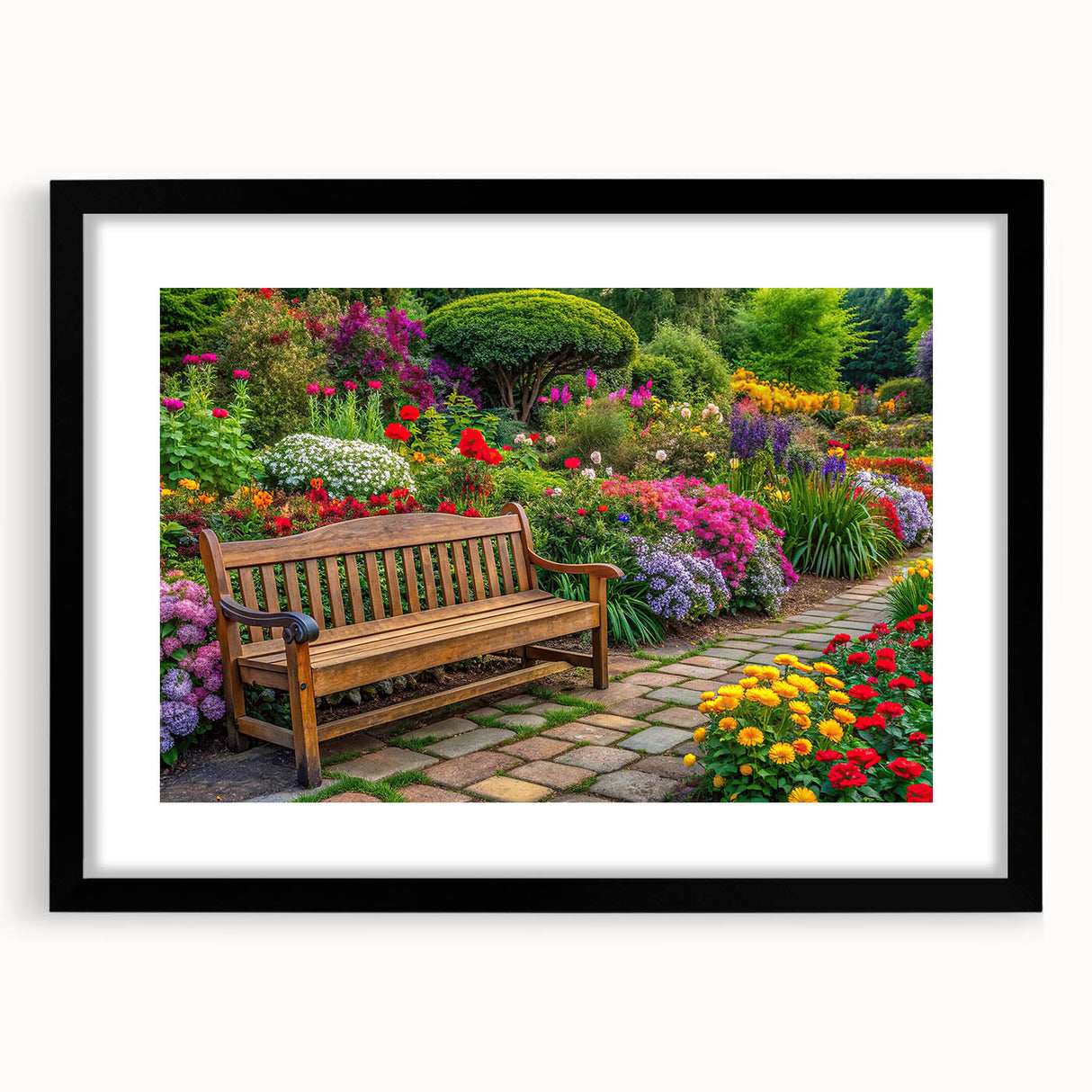 Framed wall art piece showcasing a vibrant landscape garden design with a black mat and sleek frame, ideal for enhancing home decor aesthetics.