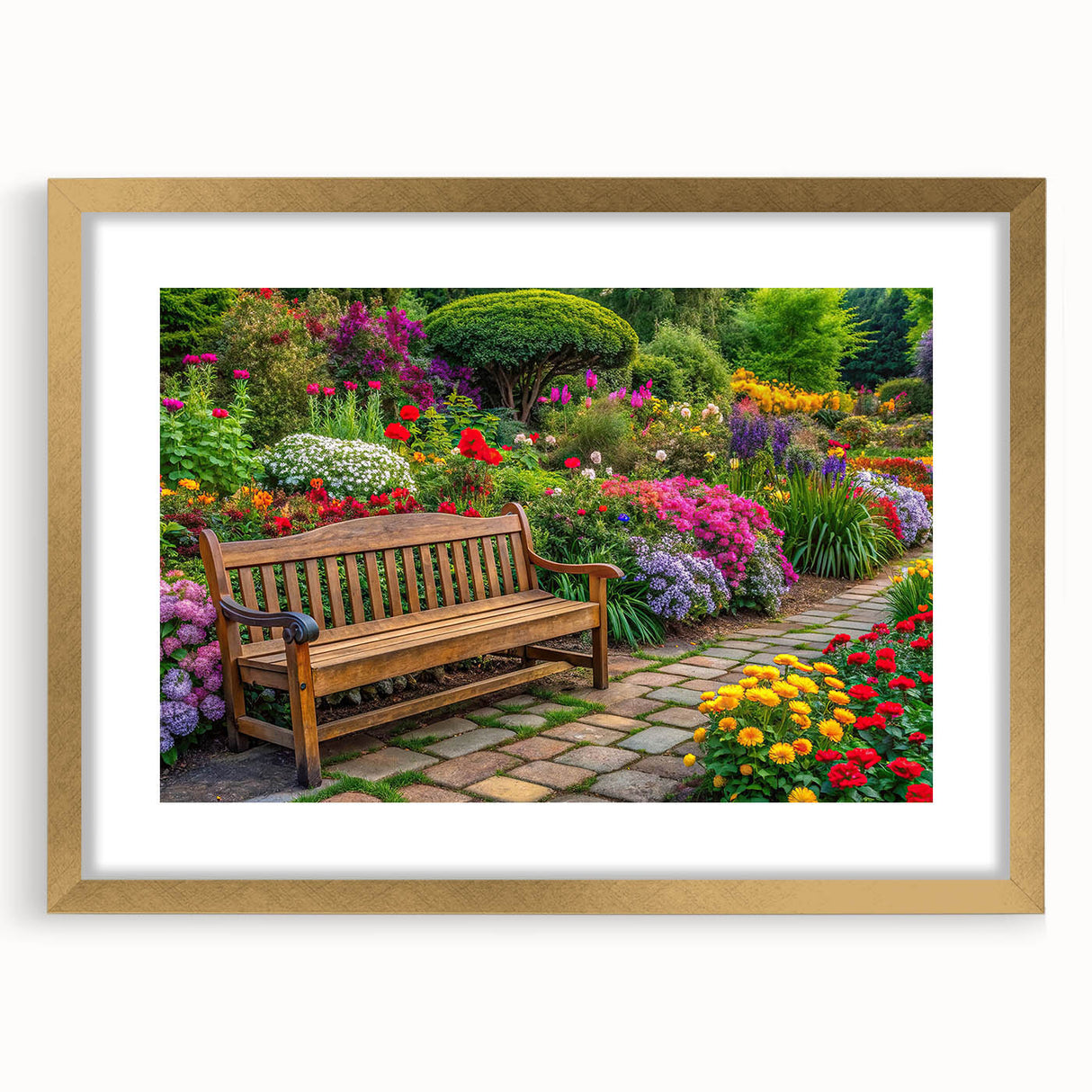 Framed wall art collection showcasing a vibrant landscape garden design with a gold mat, ideal for home decor. Perfect for adding elegance to any room.