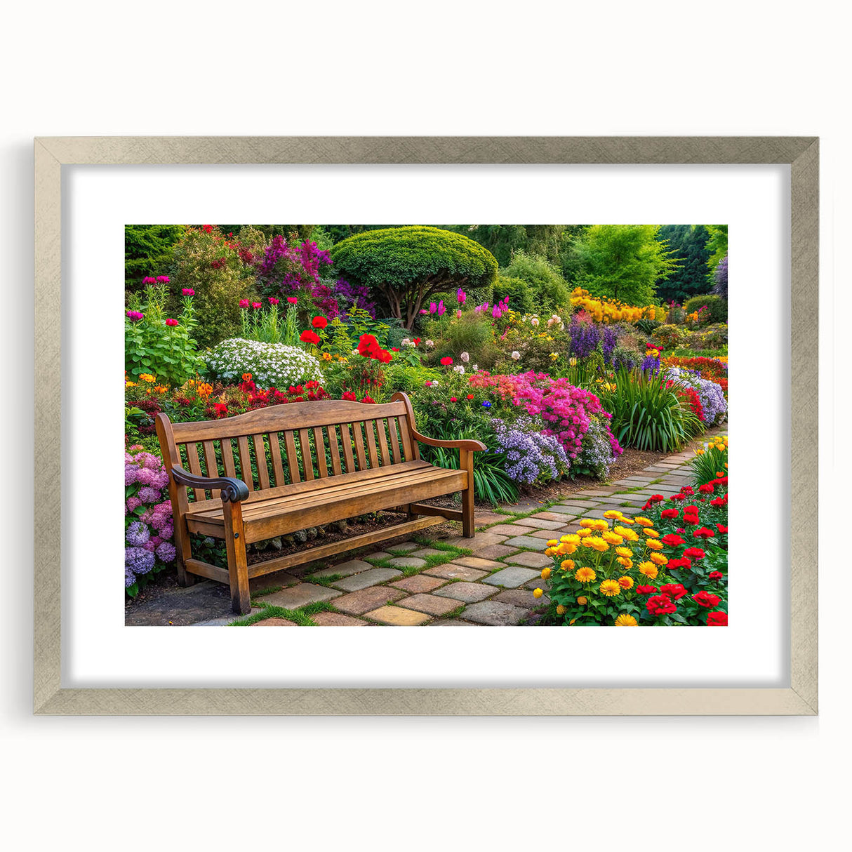 Framed wall art from the Landscapes & Gardens Design collection, showcasing a serene nature scene with vibrant colors, set in an elegant silver frame with matting.