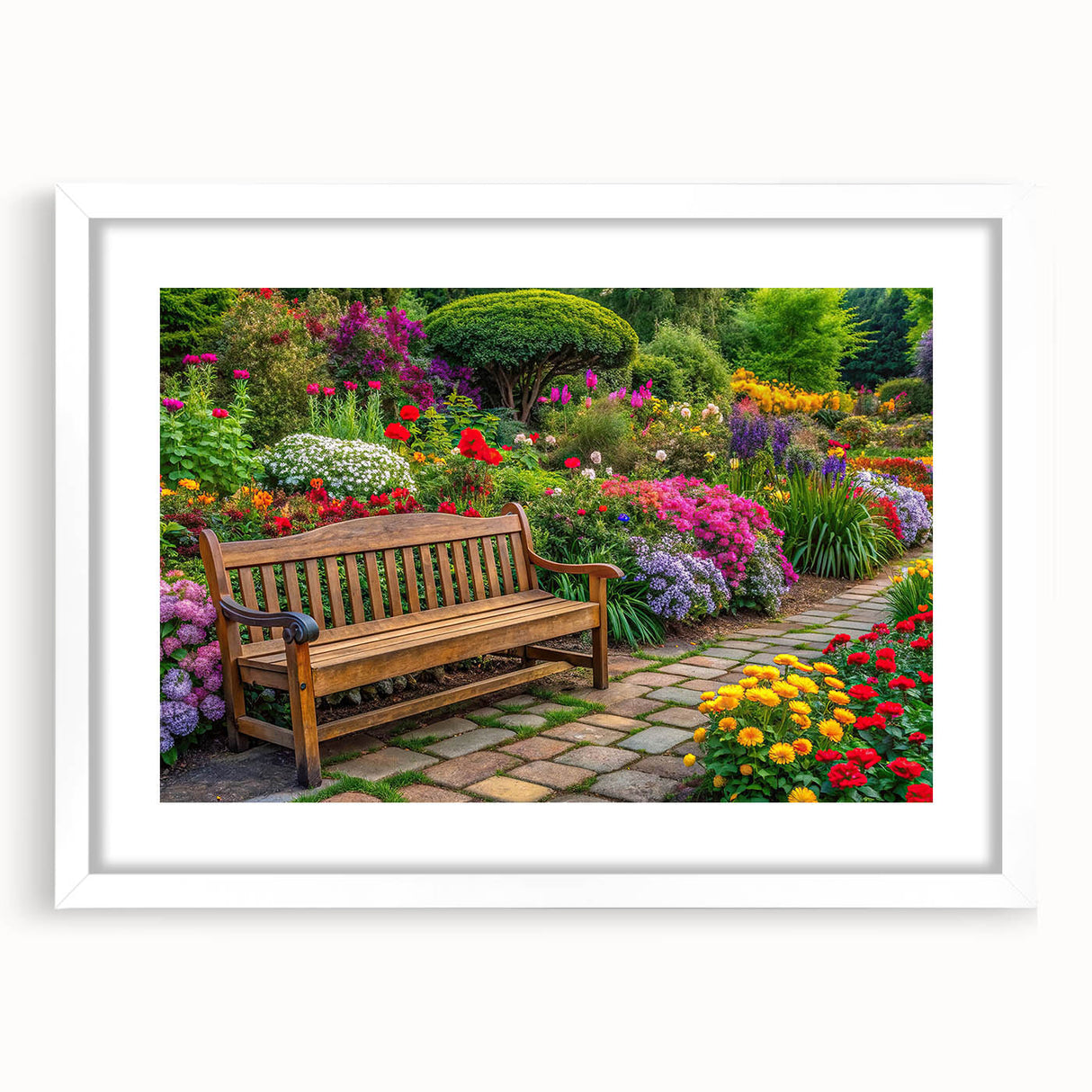 Framed wall art featuring a serene landscape garden design, presented in a stylish white frame with a mat, ideal for enhancing home decor with natural beauty.