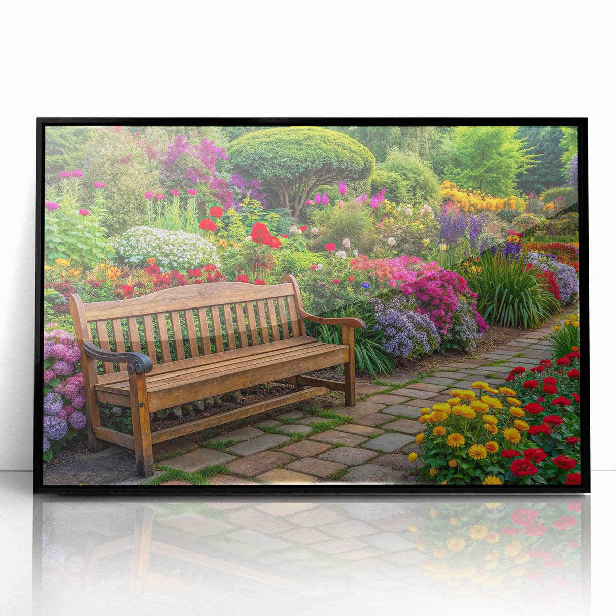 Framed wall art collection showcasing a vibrant landscape and garden design, featuring a sleek black frame and acrylic finish, ideal for modern home decor.