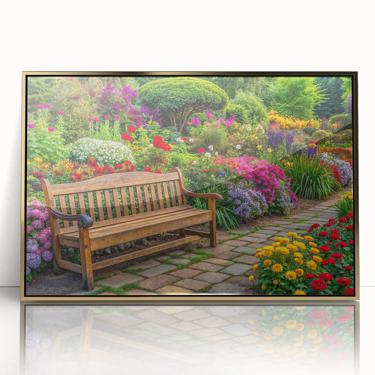 Framed wall art showcasing a stunning landscape garden design with vibrant colors and intricate details, featuring a gold-accented frame that enhances its elegance. Perfect for home decor and art enthusiasts.