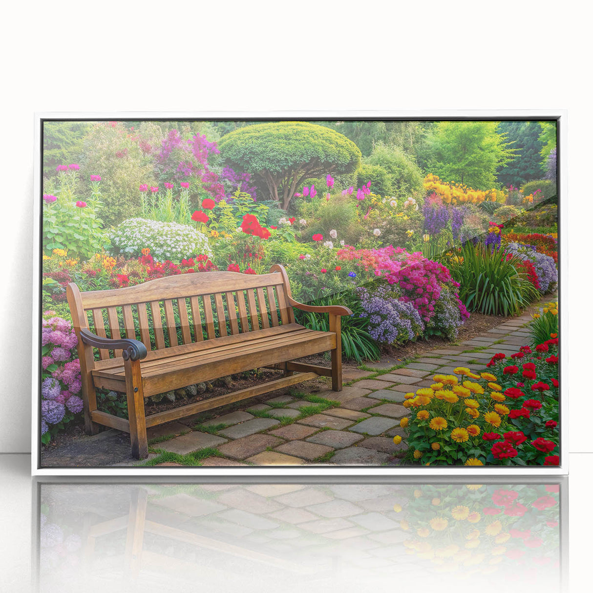 Framed wall art featuring a vibrant landscape garden design in acrylic, showcasing lush greenery and colorful flowers, presented in a sleek white frame.