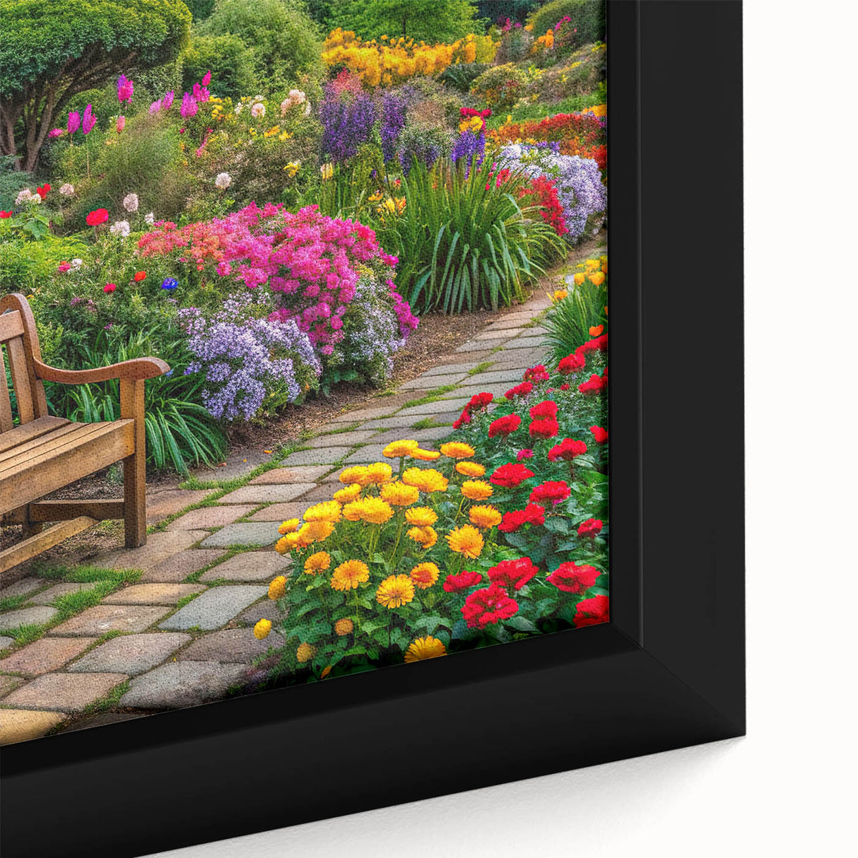 Framed canvas wall art showcasing a vibrant landscape garden design, featuring rich colors and intricate details, perfect for home decor enhancement.