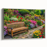 Framed canvas wall art featuring a stunning landscape garden design, presented with a sleek silver frame, showcasing vibrant colors and intricate details, perfect for enhancing home decor.