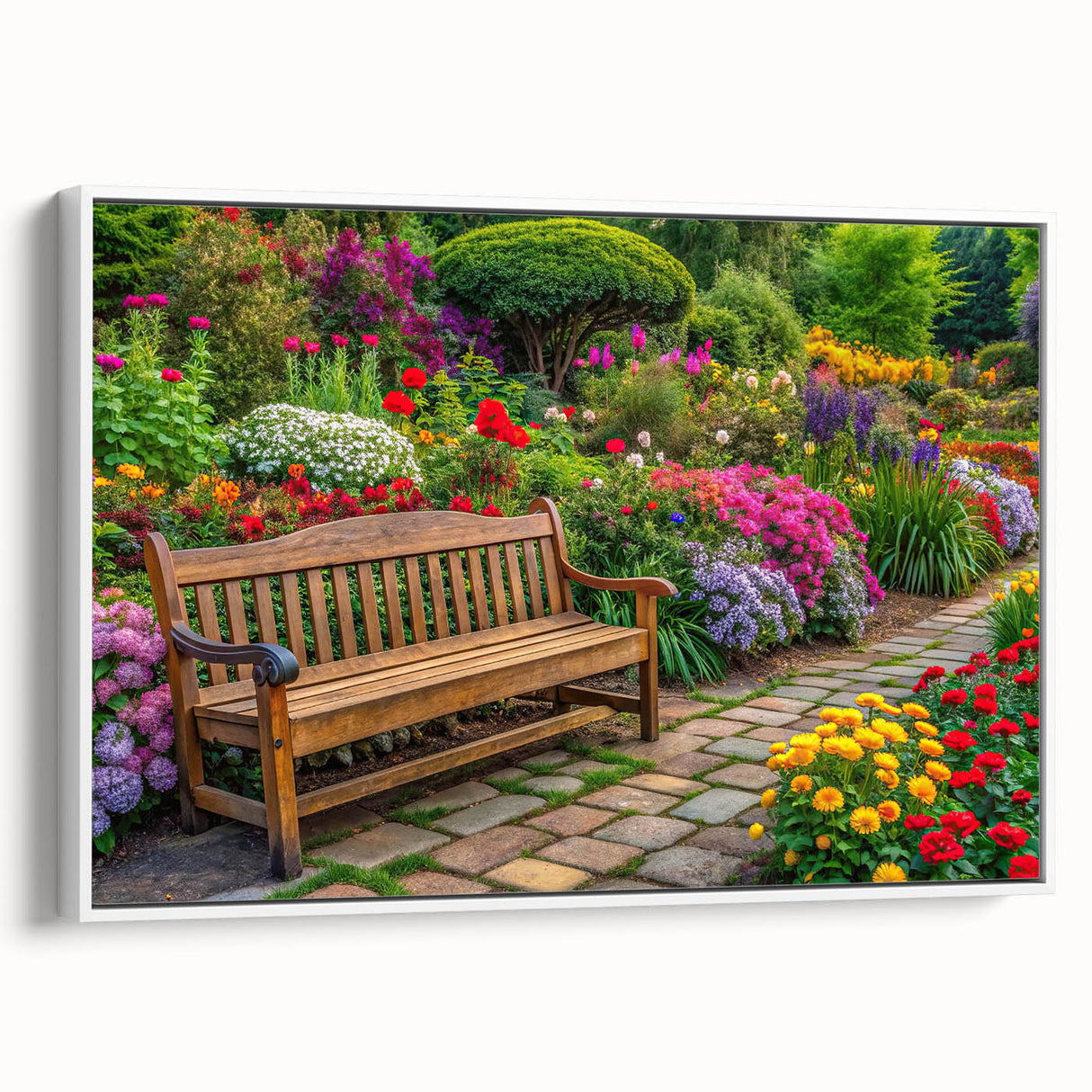 Framed canvas wall art featuring a serene landscape design with vibrant colors, showcasing a peaceful garden scene and elegant white frame, ideal for home decor.