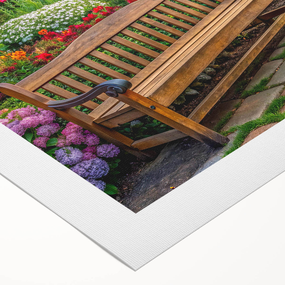 Vibrant rolled canvas showcasing a serene landscape garden design, featuring lush greenery and colorful flowers, perfect for home decor as wall art.