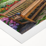 Vibrant rolled canvas showcasing a serene landscape garden design, featuring lush greenery and colorful flowers, perfect for home decor as wall art.
