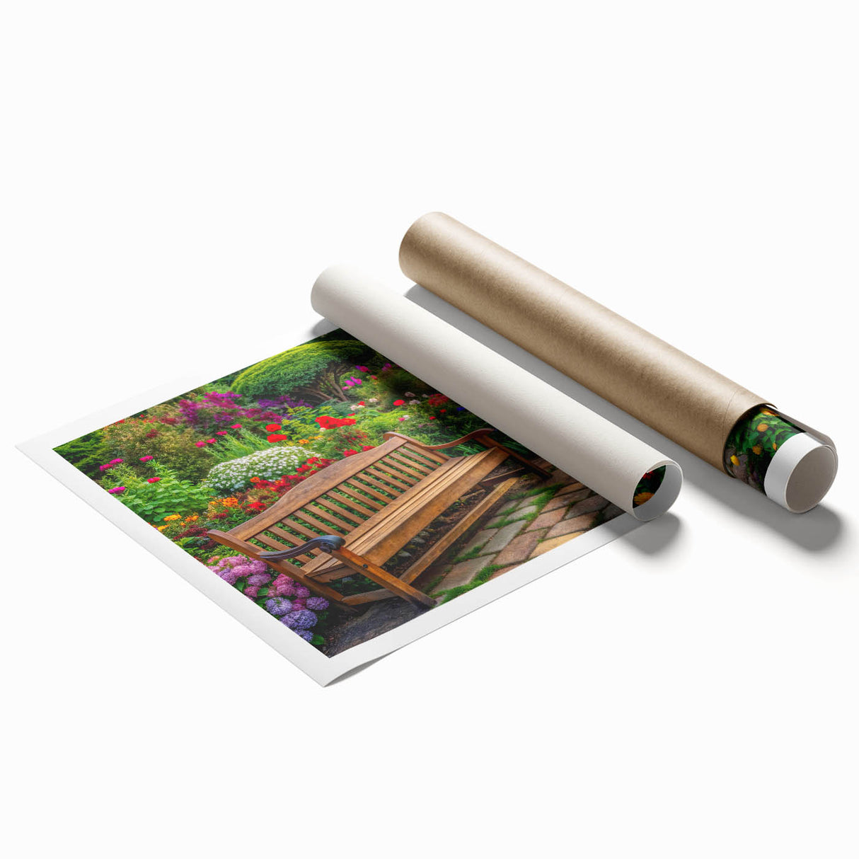 Rolled print showcasing a vibrant landscape garden design featuring lush greenery and colorful flowers, perfect for home decor, packaged securely for delivery.