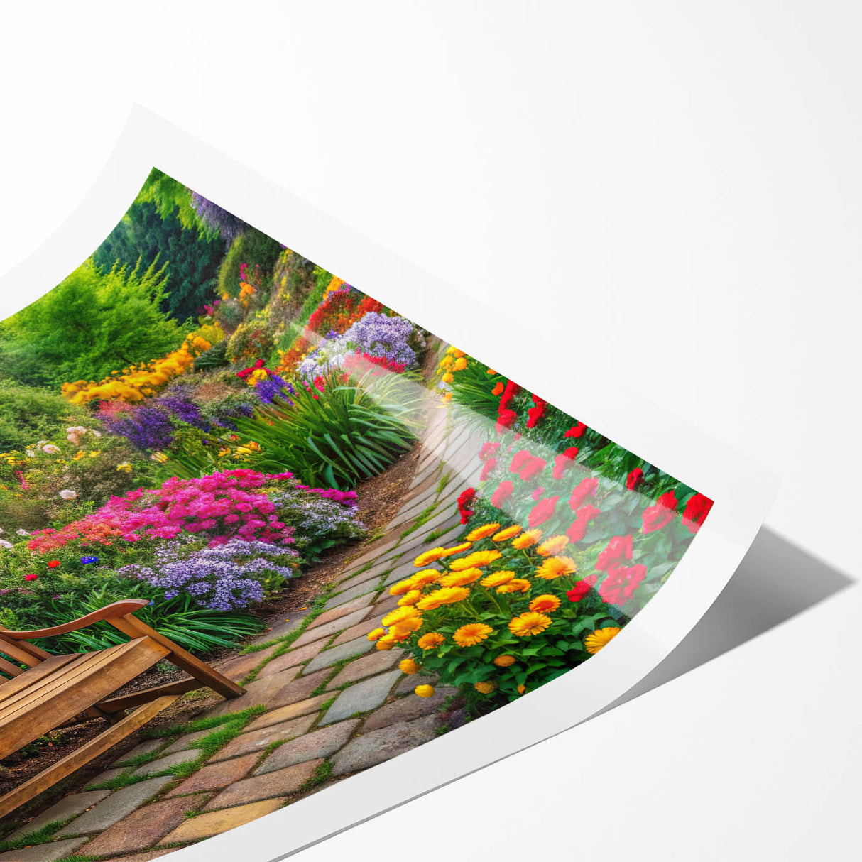 Vibrant rolled print showcasing a stunning landscape garden design with rich colors and intricate details, perfect for home decor or office artwork display.