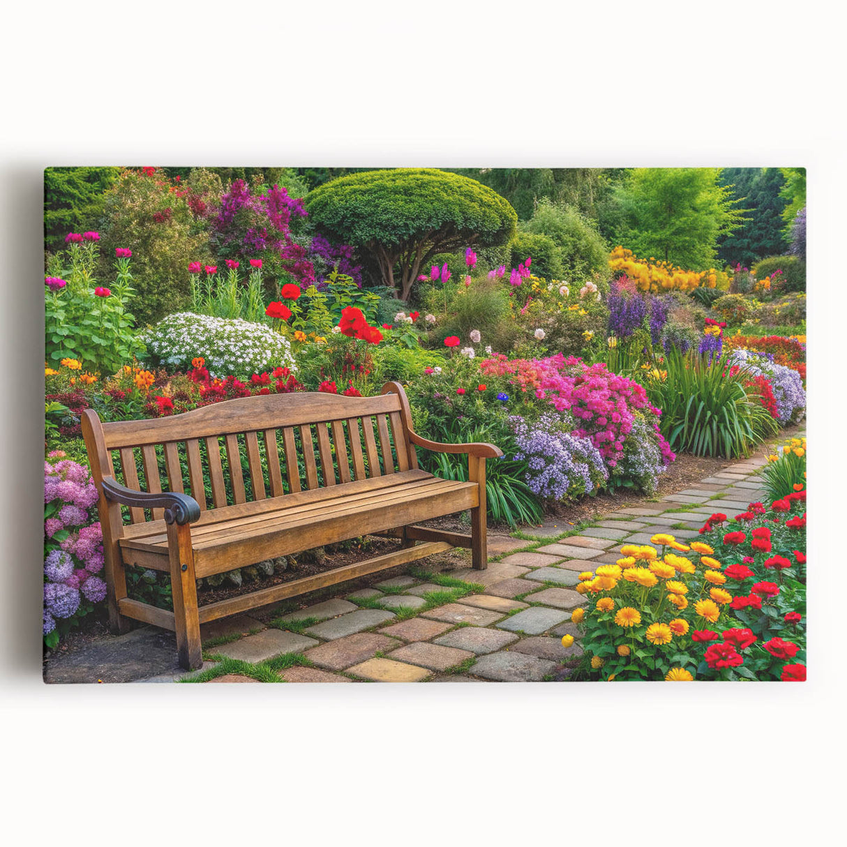 Stretched canvas artwork showcasing a vibrant garden landscape design, featuring lush greenery and colorful flowers, perfect for home decor enhancement.