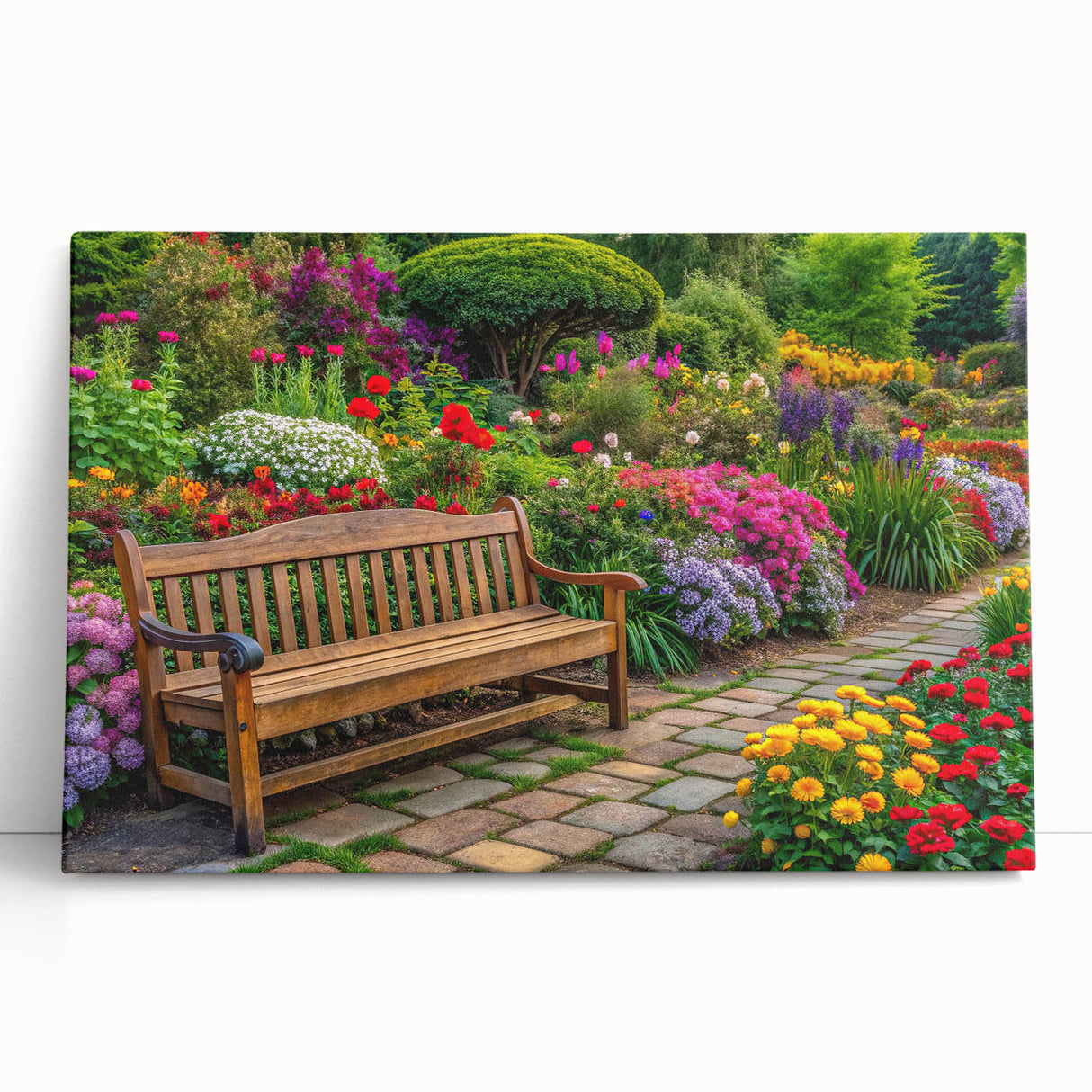 Stretched canvas wall art showcasing a vibrant landscape garden design, featuring rich colors and intricate details, ideal for home decor enhancement.