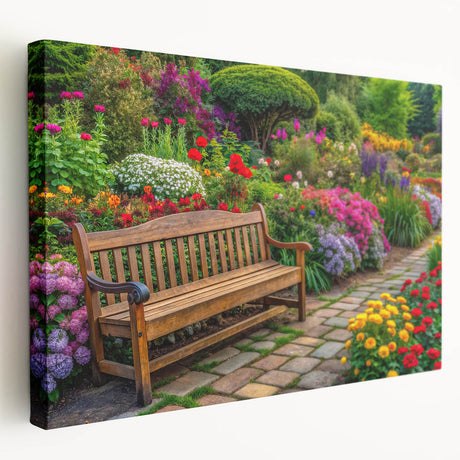 Stretched canvas wall art showcasing a vibrant landscape garden design, featuring lush greenery and colorful flowers, ideal for home decor enhancement.