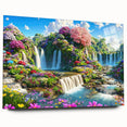 Acrylic glass wall art featuring a vibrant landscapes and gardens design, displayed in a side view with visible mounting pins, ideal for contemporary home decor.