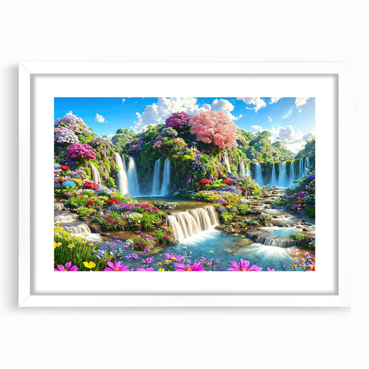 Framed wall art print showcasing a vibrant garden landscape design with a white mat, perfect for enhancing home decor and creating an inviting atmosphere.