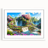 Framed wall art print showcasing a vibrant garden landscape design with a white mat, perfect for enhancing home decor and creating an inviting atmosphere.