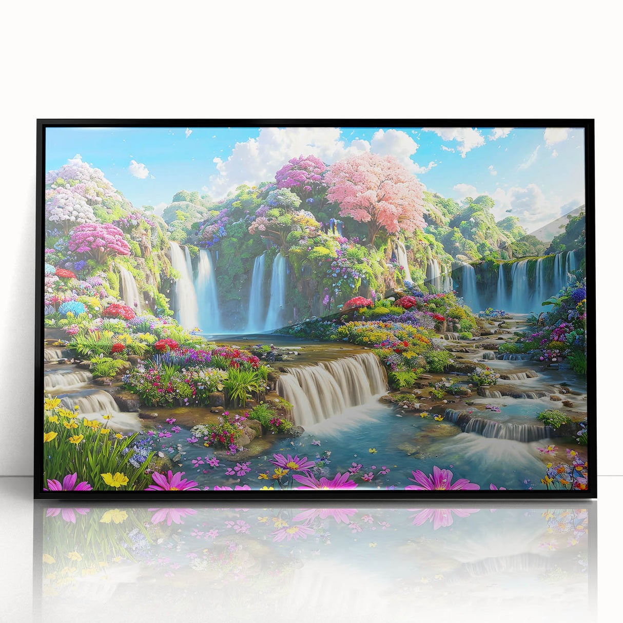 Framed acrylic wall art featuring a vibrant landscape garden design, showcasing lush greenery and colorful flowers, presented in a sleek black frame for an elegant touch.