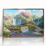Framed acrylic wall art showcasing a vibrant landscape garden design with golden accents, perfect for enhancing home decor and adding an elegant touch.