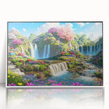 Framed acrylic wall art depicting a vibrant landscape garden design, featuring lush greenery and colorful flowers, set against a white background for a modern decor accent.