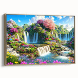 Framed canvas wall art depicting a serene landscape garden design with gold accents, showcasing vibrant colors and intricate details, ideal for home decor.