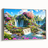 Framed canvas artwork showcasing a serene landscape garden design with vibrant colors and intricate details, elegantly displayed with a silver frame, ideal for home decor.