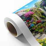 Rolled canvas showcasing a vibrant landscape garden design, featuring lush greenery and colorful flowers, ideal for home decor, packaged securely in a cardboard tube.