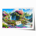 Vibrant rolled wall art print showcasing a serene landscape garden design, featuring lush greenery and colorful flowers, ideal for home decor enhancement.
