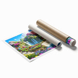 Vibrant rolled print of a lush garden landscape, showcasing colorful flowers and greenery, perfect for home decor and adding a natural touch to interiors.