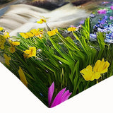 Stretched canvas artwork showcasing a vibrant landscape garden design, featuring lush greenery and colorful flowers, ideal for home decor enhancement.