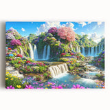 Colorful stretched canvas artwork showcasing a vibrant landscape garden design, featuring lush greenery and blooming flowers, ideal for home decor.