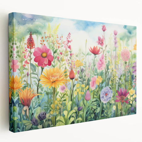 Stretched canvas wall art showcasing a vibrant garden landscape design, featuring lush greenery and colorful flowers, ideal for home decor and nature enthusiasts.
