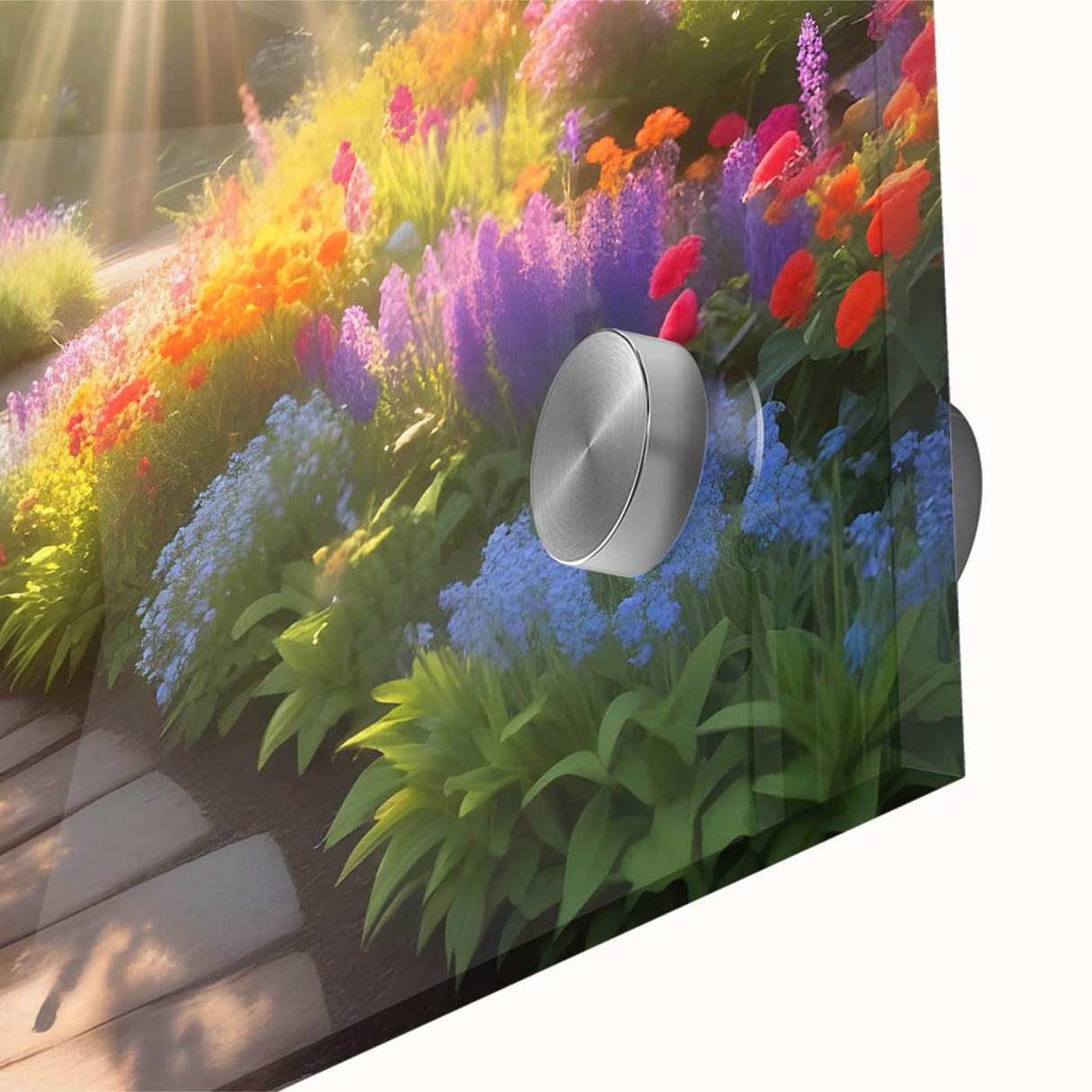 Close-up of a vibrant acrylic glass wall art piece showcasing a colorful landscape and garden design, ideal for home decor enthusiasts seeking modern artistic elements.